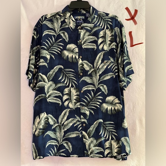 Campia Shirts Mens Navy Blue Rayon Shirt With Green White Leaves